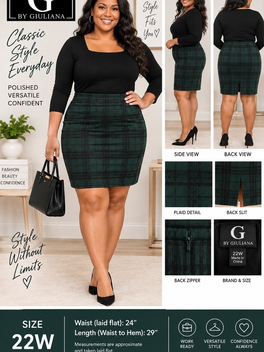 G by Giuliana Green Black Plaid Pencil Skirt Size 22W Stretch Lined